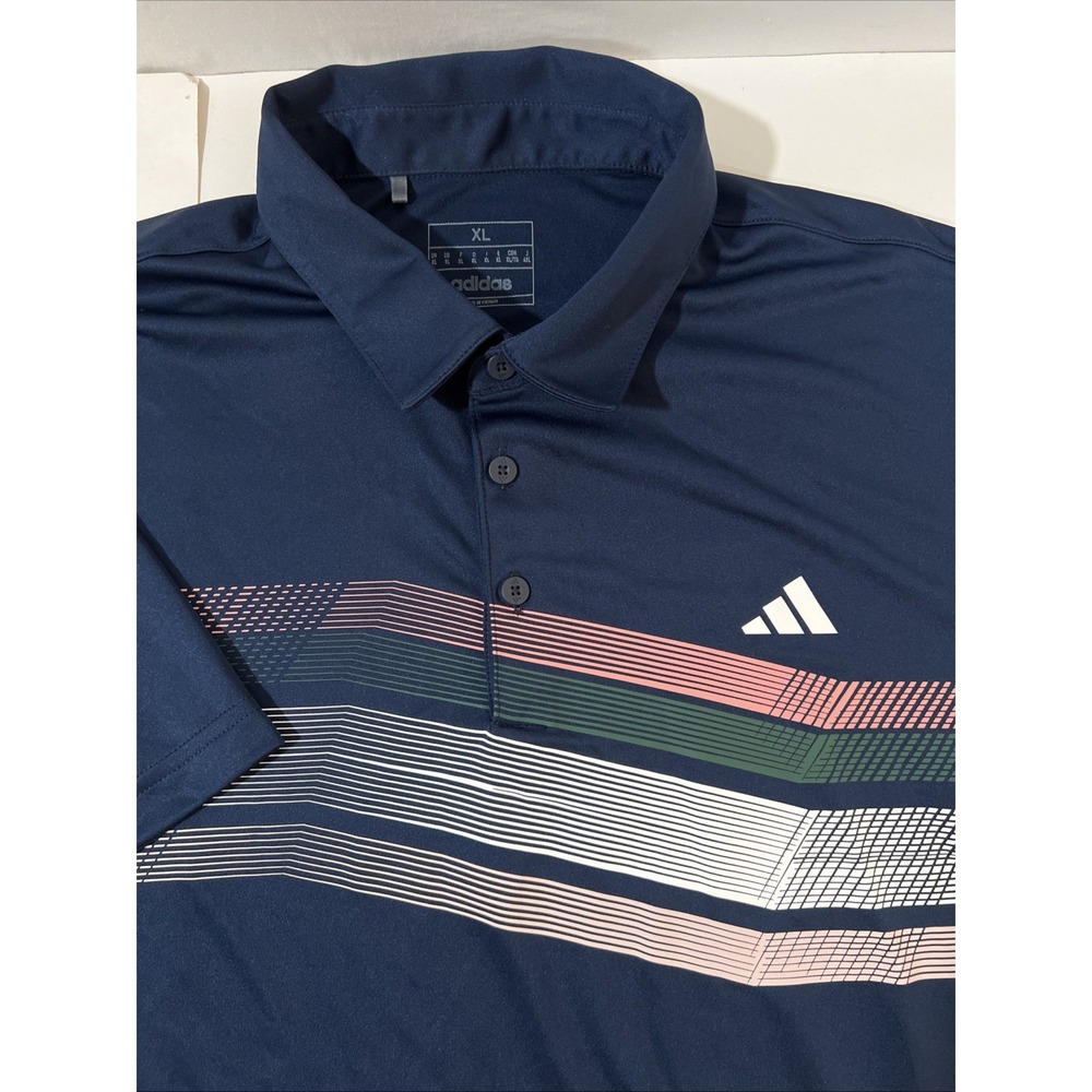 adidas Men's Striped Polo Shirt XL Navy Short Sleeve Collared Button Logo